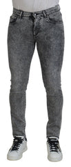 Grey Washed Cotton Slim Fit Men Denim Jeans Gray Elastane Clothing
