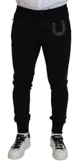 Men's Virgin Wool Horseshoe-Embroidered Joggers Black Cotton