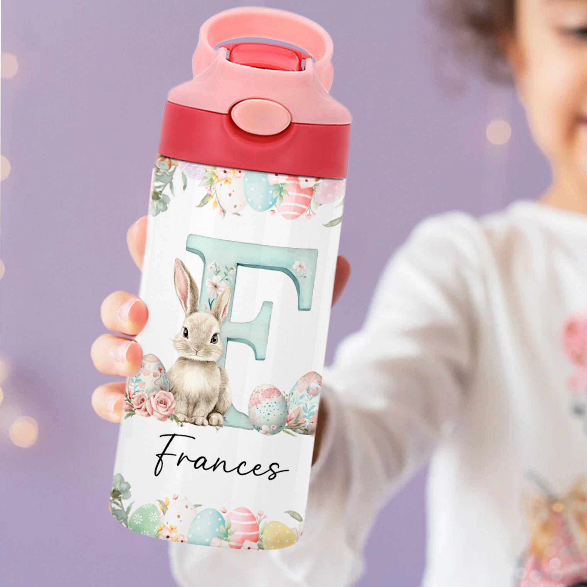 Conejito de Pascua personalizado con iniciales 12oz Botella de agua aislada con nombre para niños con asa y pajita de silicona Regalo de cumpleaños de Pascua para niños niñas