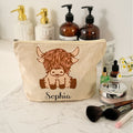 Bolsa de maquillaje de algodón con cremallera personalizada con nombre Accesorios de viaje portátiles Regalo de cumpleaños para mujeres amantes de las vacas de las Highlands