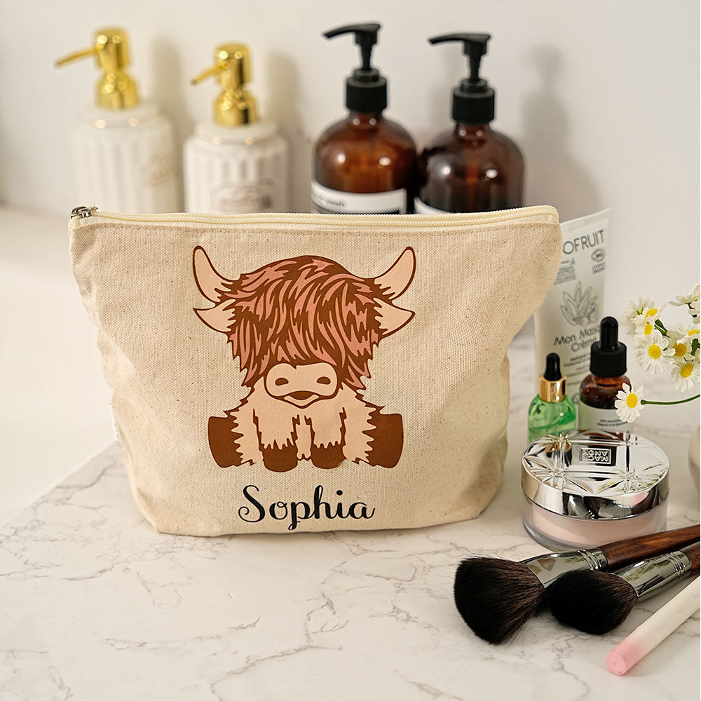 Bolsa de maquillaje de algodón con cremallera personalizada con nombre Accesorios de viaje portátiles Regalo de cumpleaños para mujeres amantes de las vacas de las Highlands