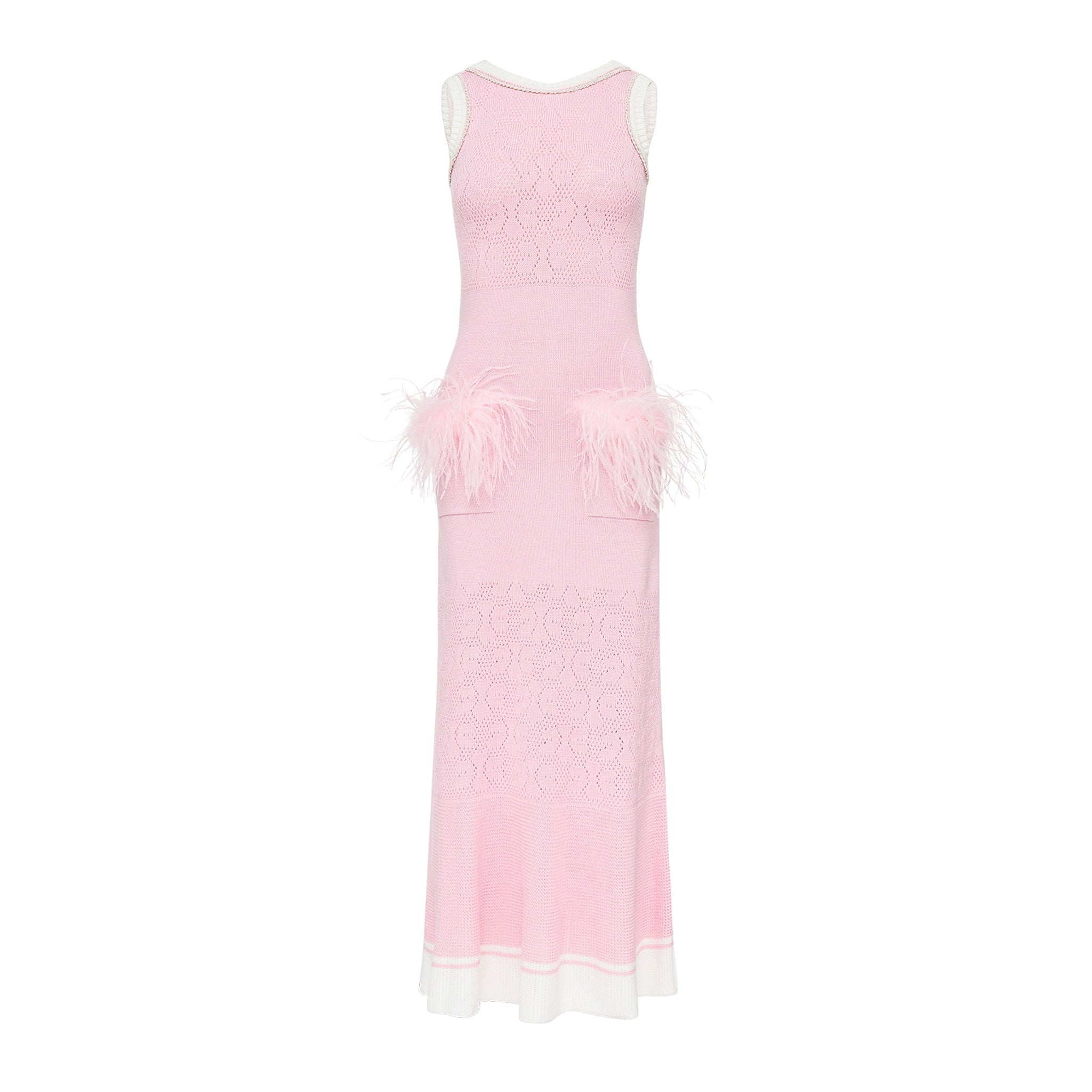 Pink Knit Midi Dress with Ostrich Feather Pockets