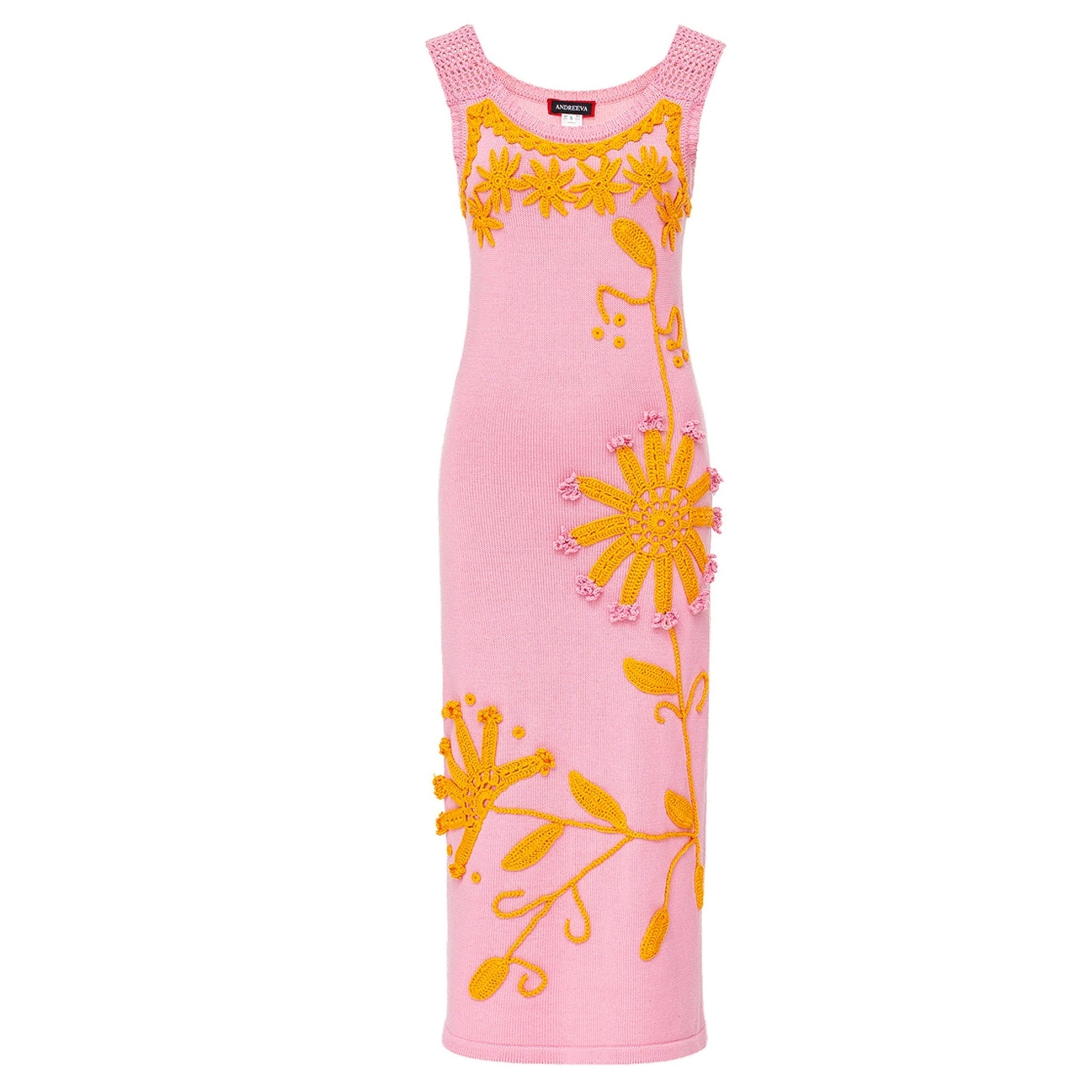 Pink Knit Midi Dress with Golden Handmade Floral Embroidery