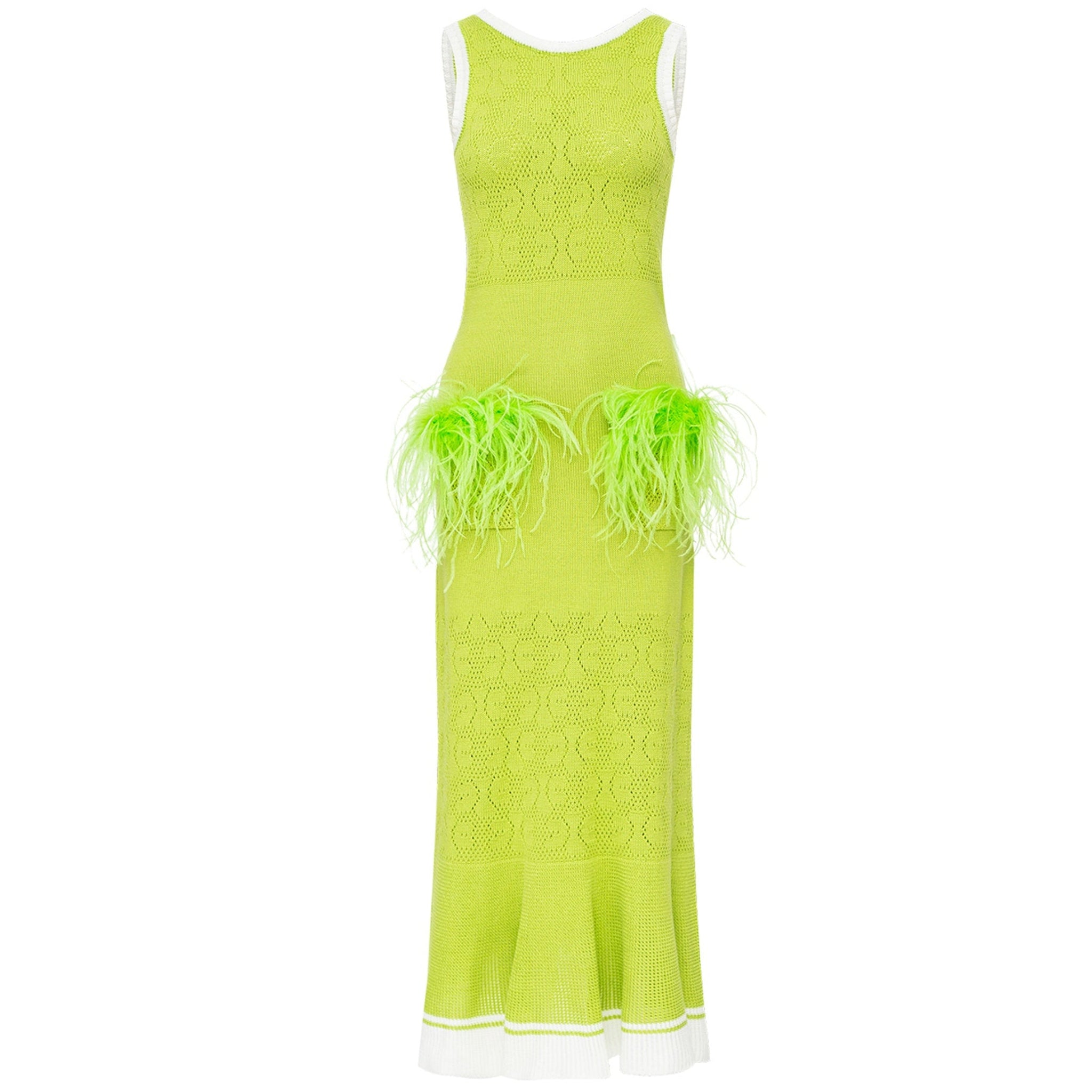 Apple Green Knit Midi Dress with Ostrich Feather Pockets