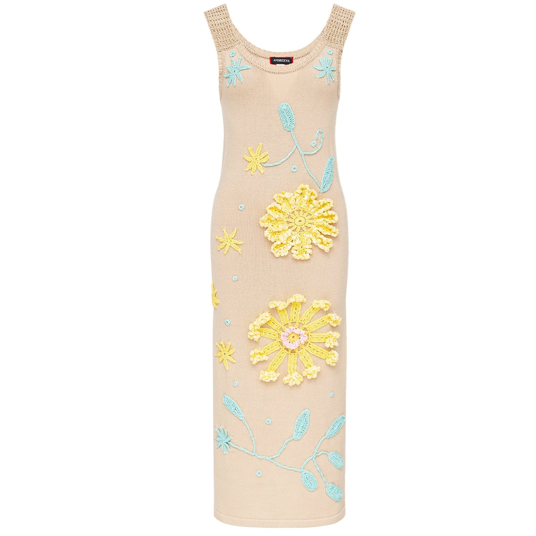 Beige Knit Midi Dress with Yellow & Blue Floral Embroidery