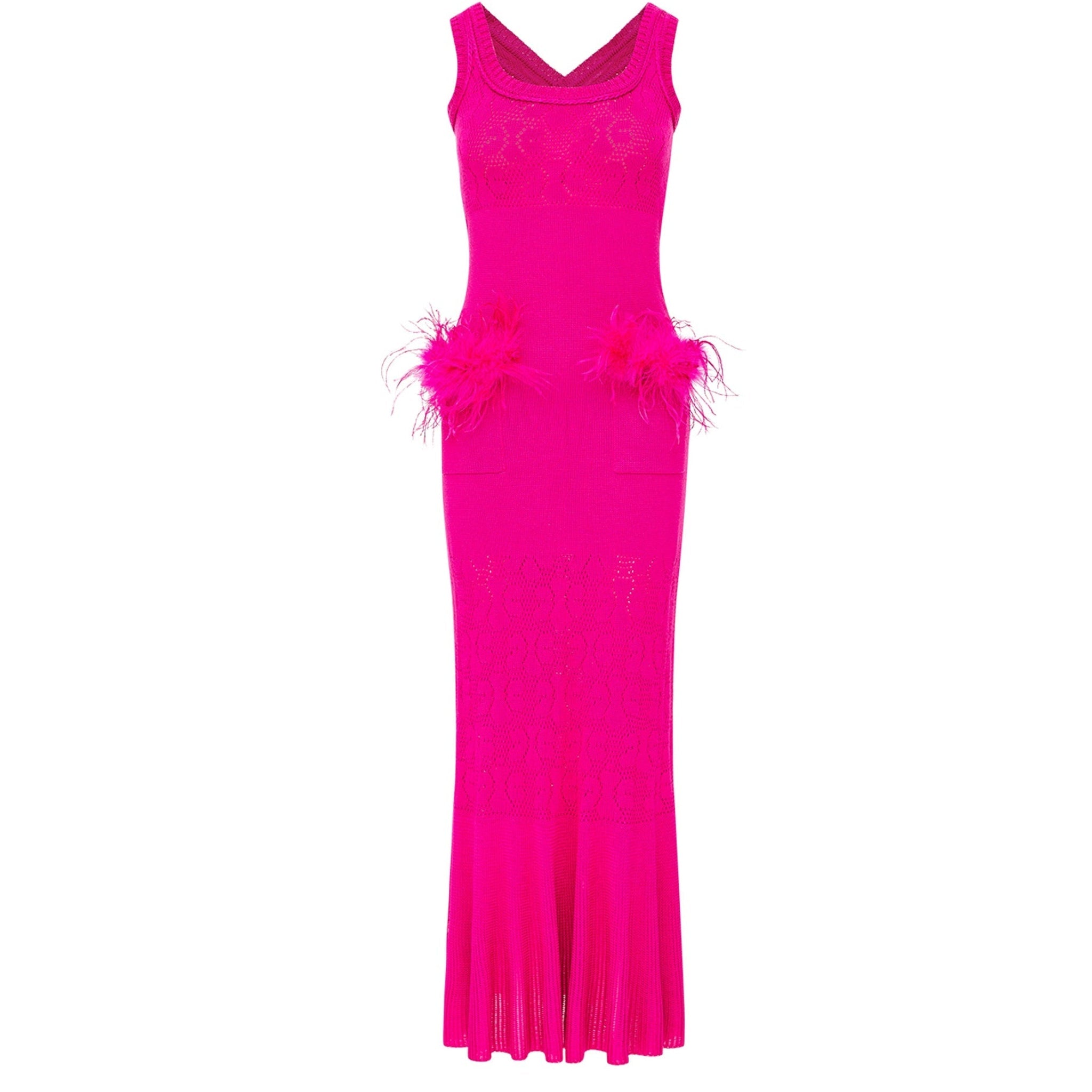 Fuchsia Knit Midi Dress with Ostrich Feather Pockets