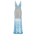 Metallic Blue Crochet Maxi Dress with Open Back