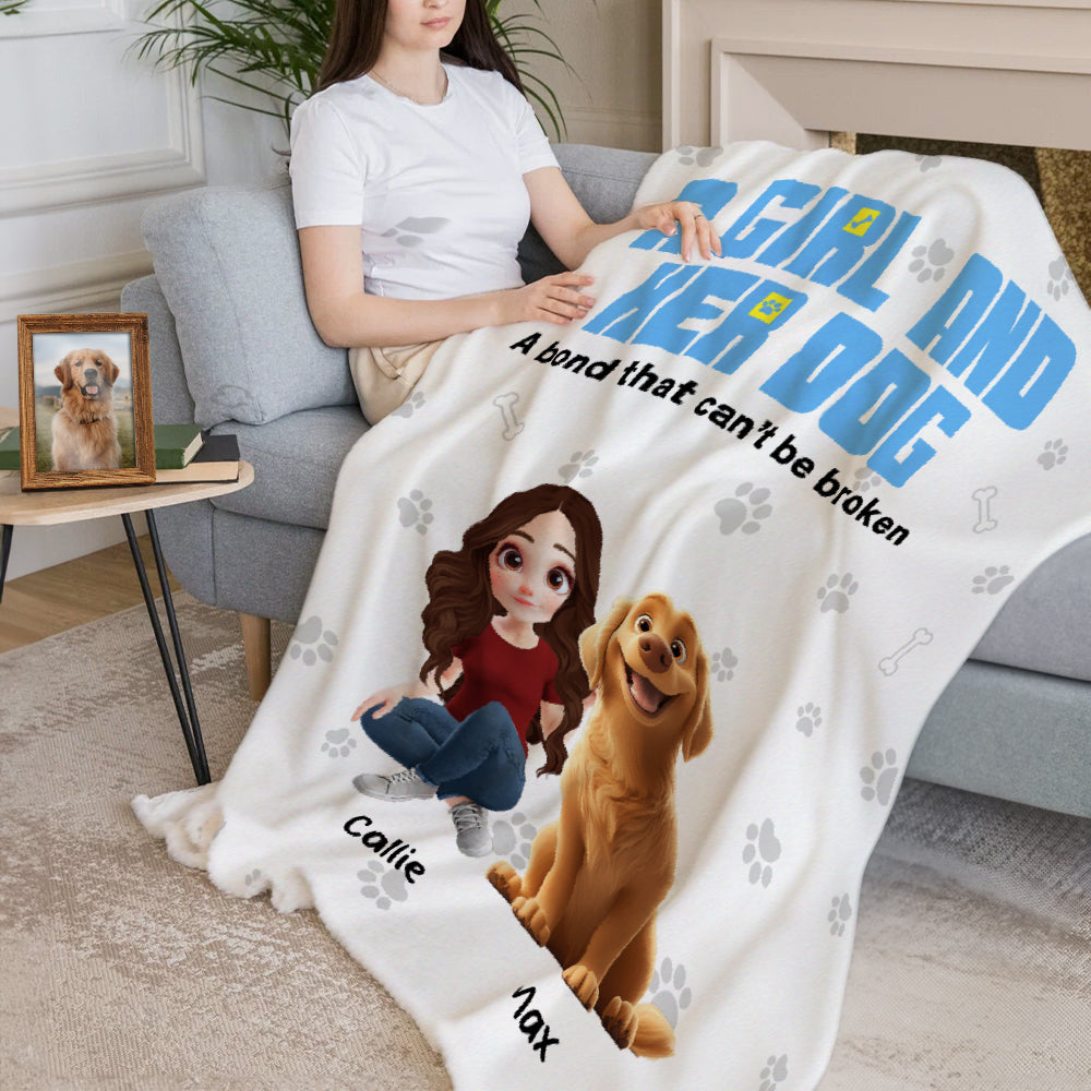 Personalizada Una chica y sus perros tienen un vínculo inquebrantable Diseño de dibujos animados en 3D Manta suave con nombre Decoración del hogar Regalo de cumpleaños para los amantes de las mascotas