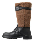 Men's Black Leather Brown Shearling Boots Elastane