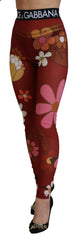 Women's Red Floral Leggings Stretch Waist Pants
