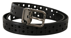 Men's Black Calf Leather Perforated Metal Buckle Belt