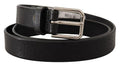Men's Black Calf Leather Silver Tone Logo Metal Buckle Belt