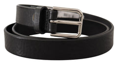 Men's Black Calf Leather Silver Tone Logo Metal Buckle Belt