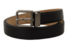 Men's Black Calf Leather Logo Engraved Metal Buckle Belt
