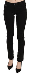 Women's Black Sequined Mid Waist Slim Fit Denim Jeans Cotton Clothing