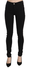 Women's Black Embellished Mid Waist Skinny Denim Jeans Cotton Clothing