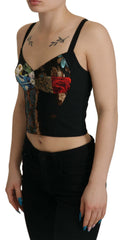 Women's Black Patchwork Sicily Blouse Corset Cropped Top Cotton