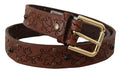 Men's Brown Leather Floral Studded Metal Buckle Belt