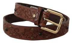 Men's Brown Leather Floral Studded Metal Buckle Belt