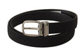 Men's Black Calf Canvas Silver Tone Logo Metal Belt
