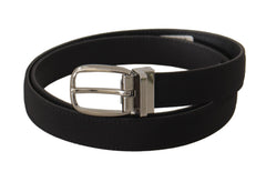 Men's Black Calf Canvas Silver Tone Logo Metal Belt