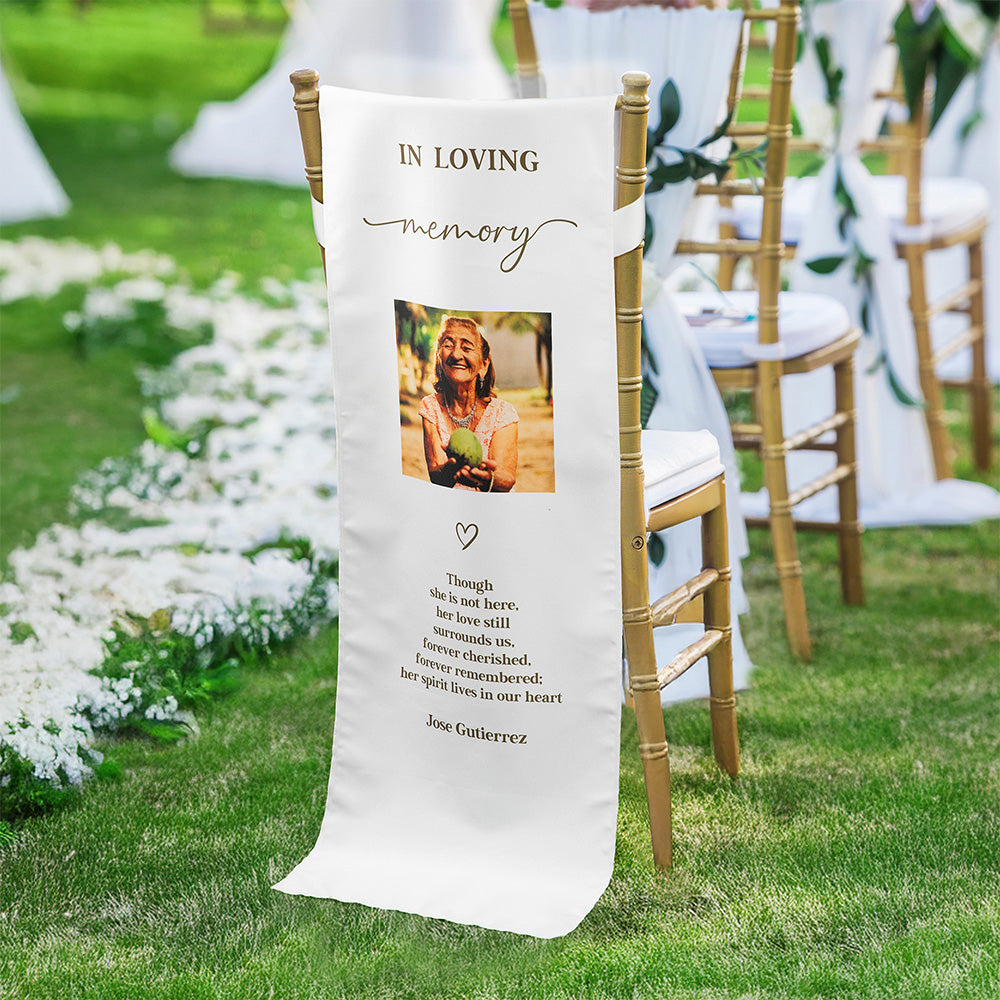 Personalizado En memoria de amor de la foto de la boda de la silla de la señal de tela con el texto y el nombre de los asientos reservados decoración conmemorativa de regalo para los recién casados Pa
