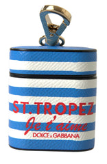 Women's Blue Stripe Dauphine Leather Logo Print Airpod Case Accessory
