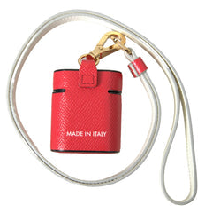Women's Red Leather Gold Tone Metal Logo Print Strap Airpods Case Calf Accessory