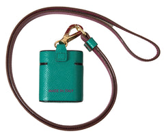 Women's Green Maroon Calf Leather Logo Print Strap Airpods Case Accessory