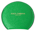 Women's Green Calfskin Leather Round Logo Hand Mirror Holder Black And Accessory