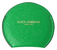 Women's Green Calfskin Leather Round Logo Hand Mirror Holder Black And Accessory