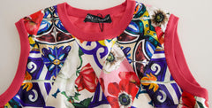Women's Multicolor Majolica Floral Crew Neck Tank Top Cashmere Silk Nylon