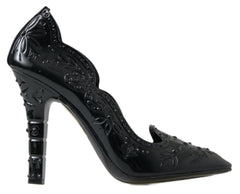 Women's Black Cinderella Floral Crystal Heels Shoes Pvc