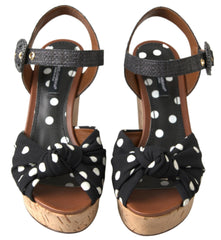 Women's Black Wedges Polka Dotted Ankle Strap Shoes Sandals Cotton