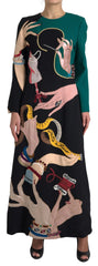 Women's Multicolor Long Sleeves A-Line Maxi Dress Wool
