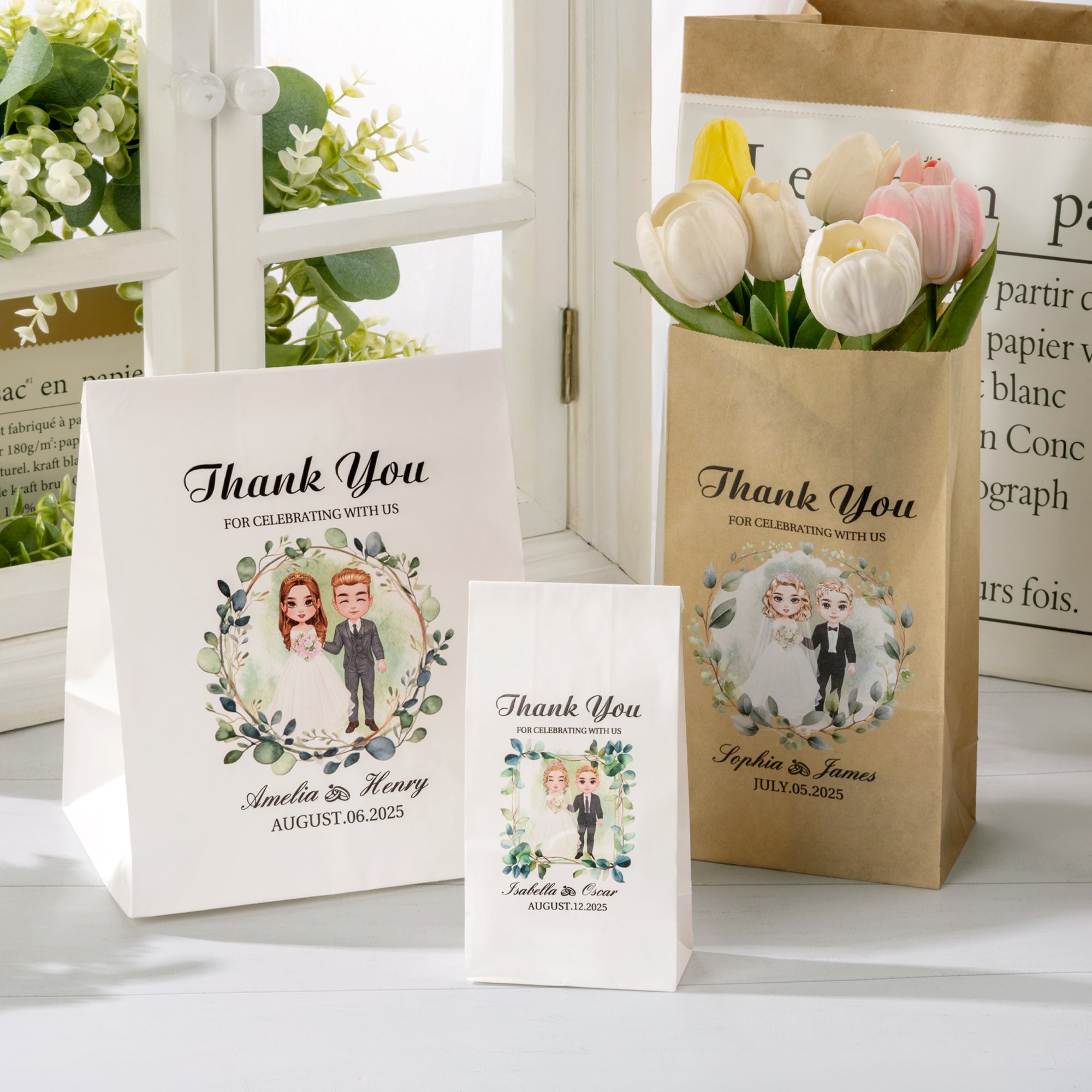 Novios personalizados de dibujos animados Bolsas de papel con nombre Set de 10 Bolsas de papel para invitados de boda Recién casados