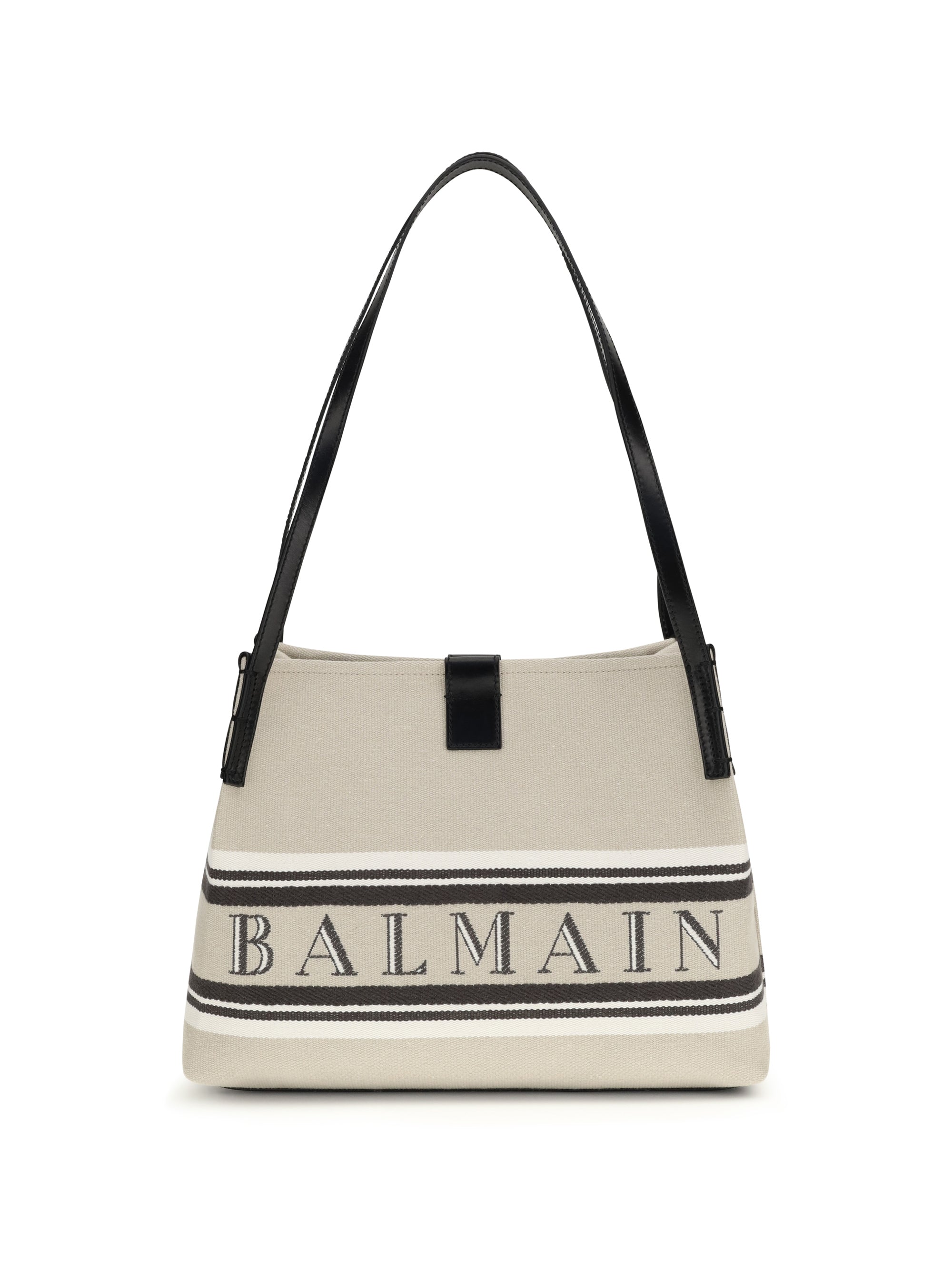 Balmain Canvas Jacquard Logo Shoulder Bag — Beige