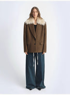 Vertical Texture Wool Tweed Coat Detachable Fur Collar Suit Parker