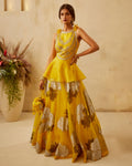 Yellow Embroidered Peplum & Dahlia Lehenga Set By KYNAH, Luxury Indian Fashion & Bridal Wear
