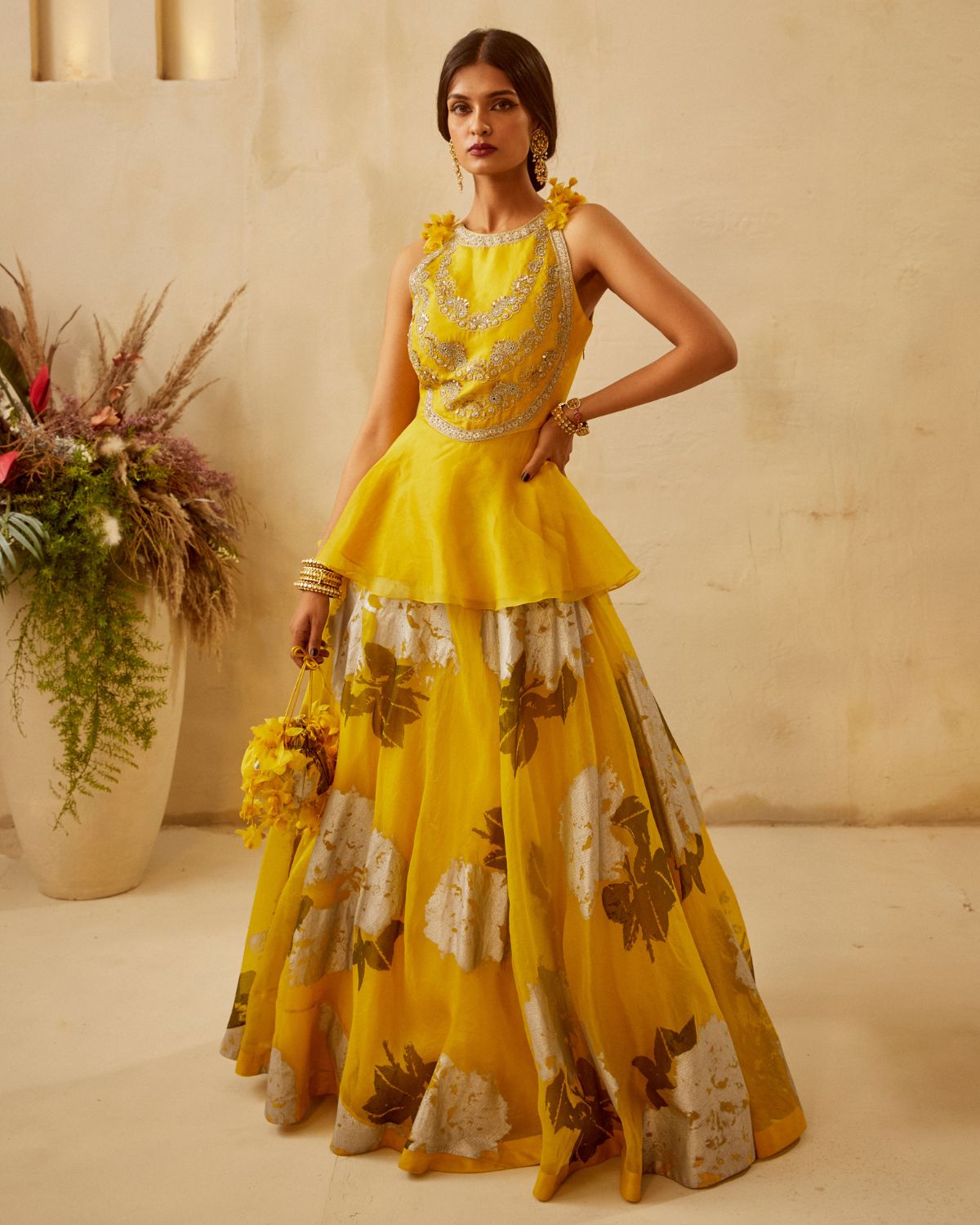 Yellow Embroidered Peplum & Dahlia Lehenga Set By KYNAH, Luxury Indian Fashion & Bridal Wear