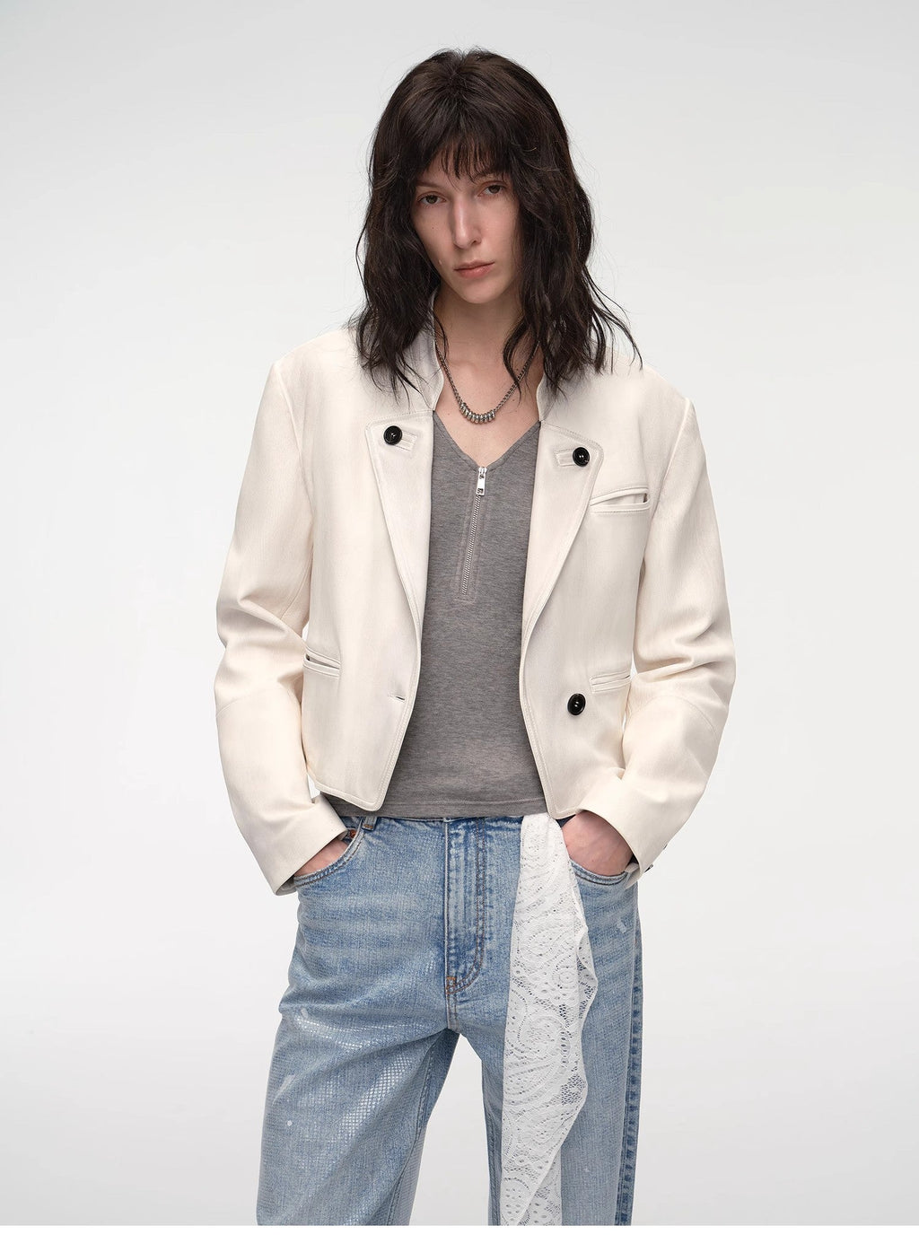 Roman Story Stand Collar Suit Sheepskin Leather Short Jacket