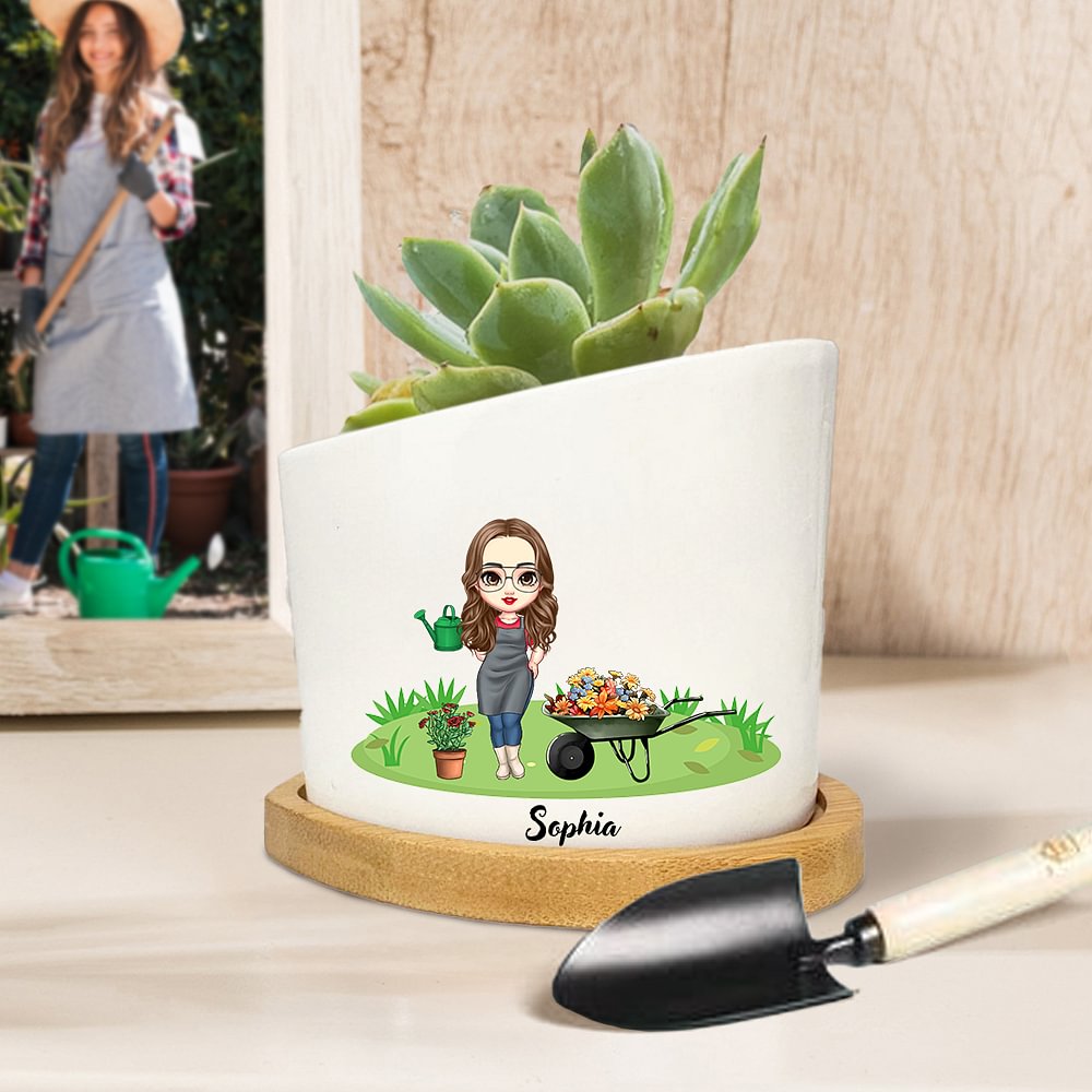 Maceta de cerámica personalizada en forma de corazón con nombre y base de bambú Decoración del hogar Regalo de cumpleaños para los amantes de la jardinería