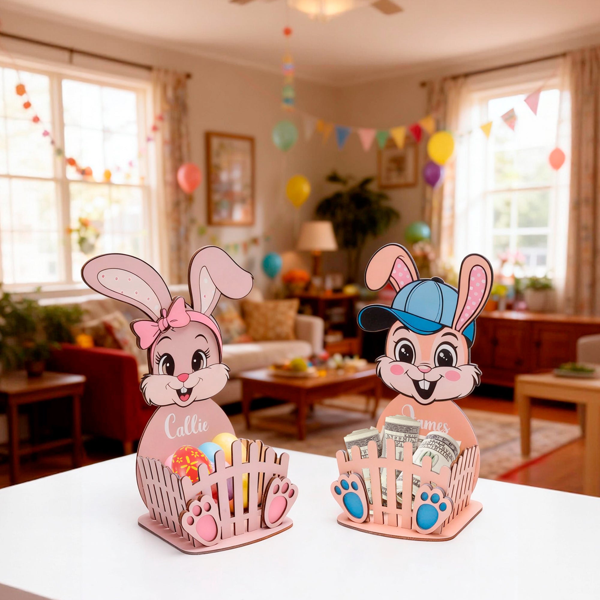 Conejito de Pascua de madera personalizado con nombre de Pascua decoración del hogar regalo para niños niñas
