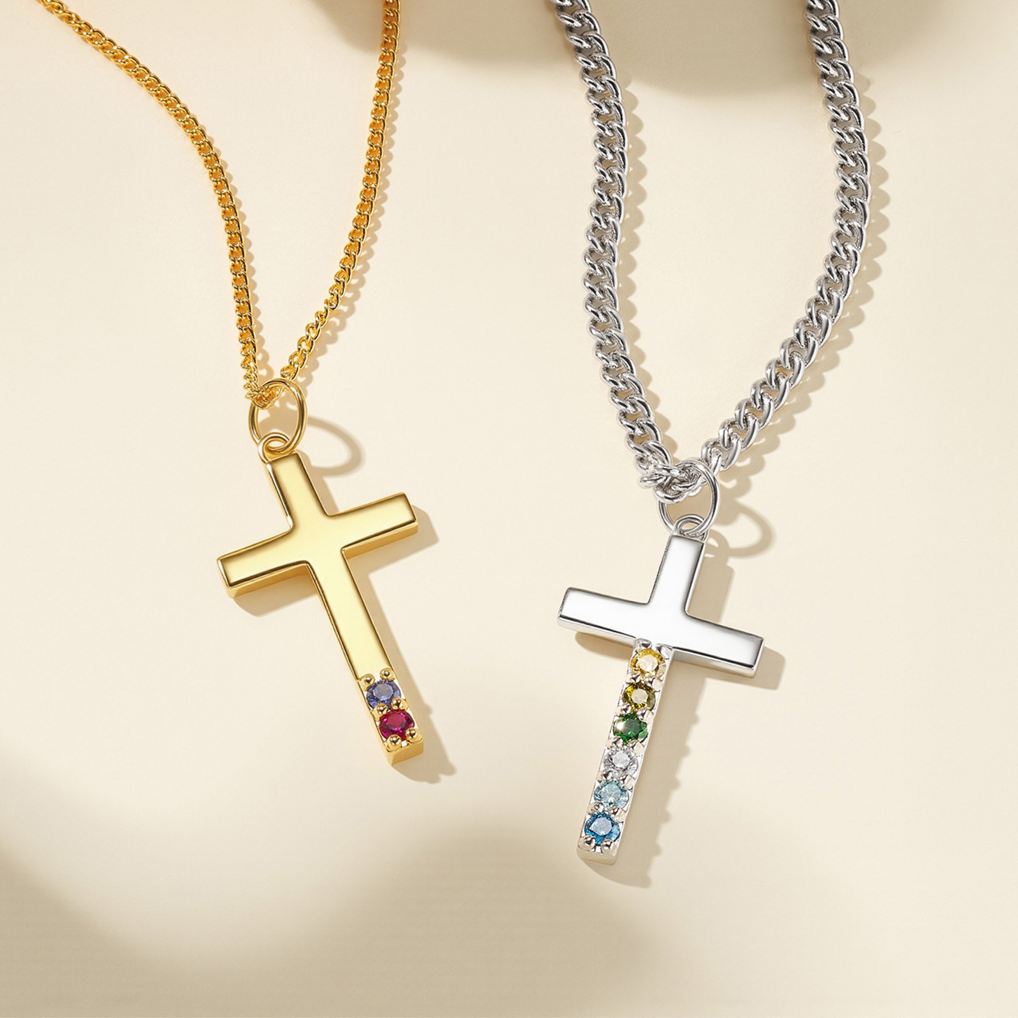 Collar de cruz personalizado con 1 a 6 piedras de nacimiento joyería minimalista regalo religioso para bautismo o cumpleaños para cristianos