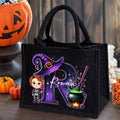 Personalizado mágico de dibujos animados Bruja Vampiro personaje Negro Bolsa de lino con inicial y el nombre de Halloween Fiesta de Regalo para Niños Niñas