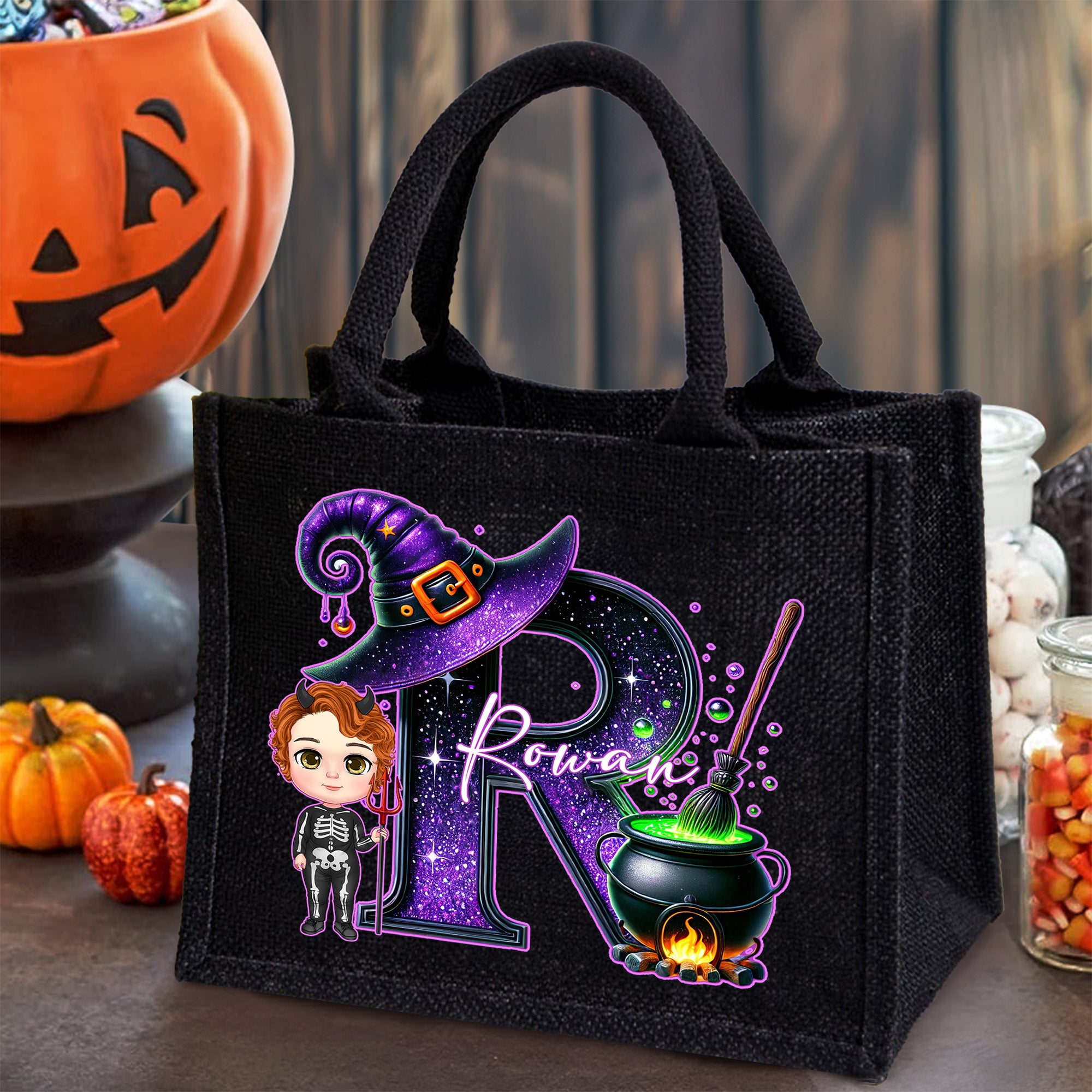 Personalizado mágico de dibujos animados Bruja Vampiro personaje Negro Bolsa de lino con inicial y el nombre de Halloween Fiesta de Regalo para Niños Niñas