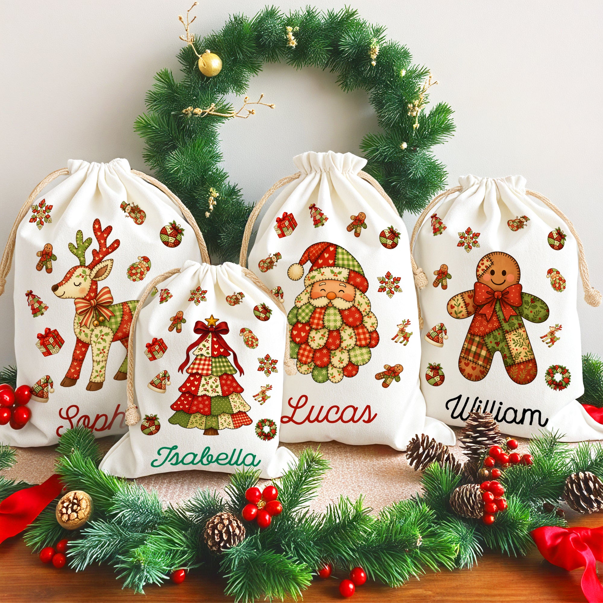 Personalizada Patchwork Elemento Árbol de Navidad Papá Noel Bolsa de regalo de lona de cordón con nombre Regalo de Navidad para los niños de la familia