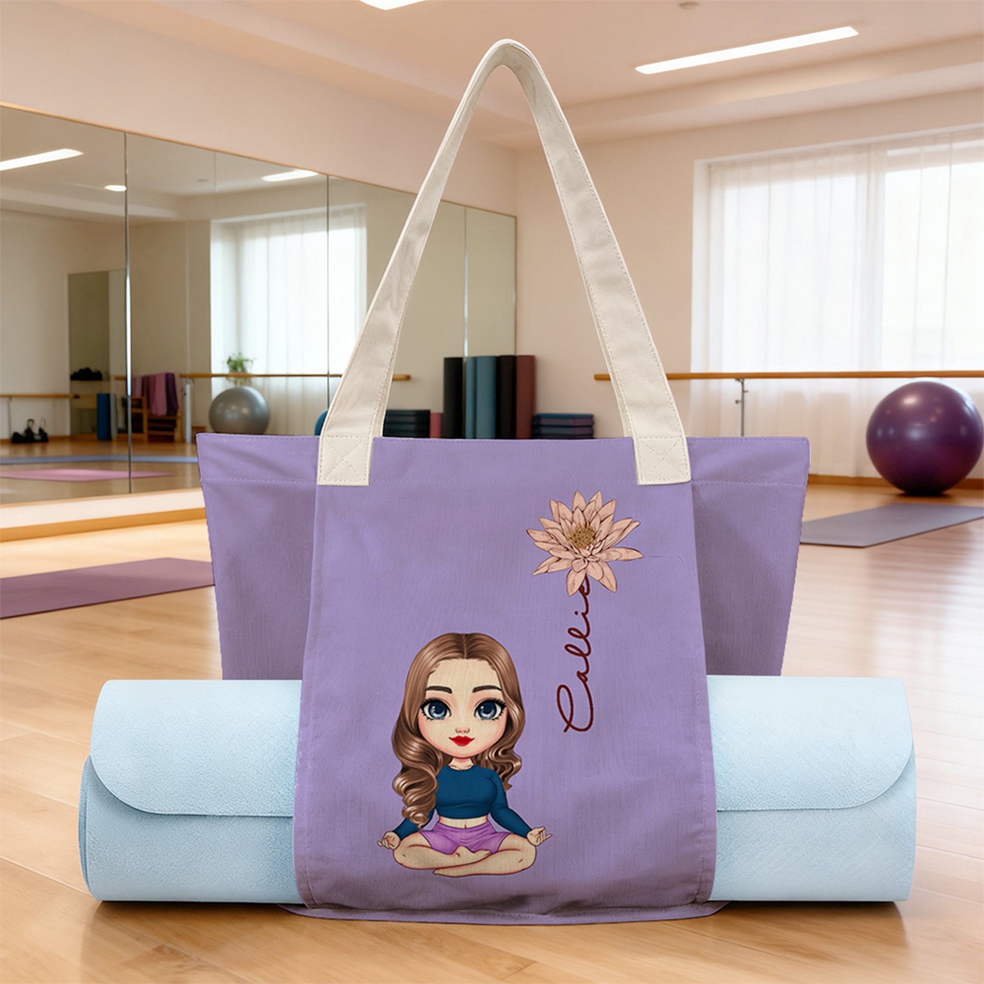 Personaje de dibujos animados personalizado Nacimiento Flor Esterilla de Yoga Bolsa de viaje con nombre Accesorios de yoga Cumpleaños Club deportivo Regalo para los amantes del yoga