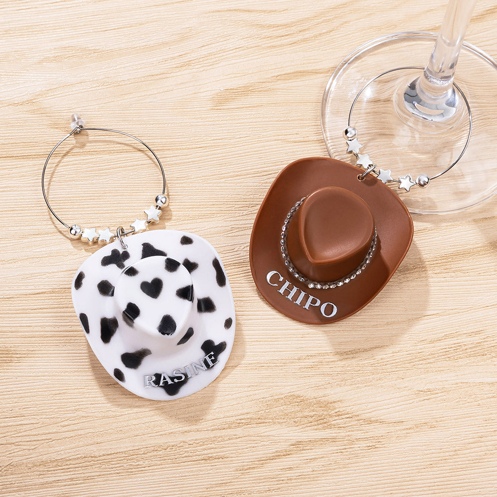 Personalizada temática occidental sombrero de vaquera Copa de la etiqueta del encanto del vaso de vino con el nombre de despedida de soltera Favor País regalo de boda para las mujeres