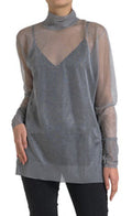 Women's Gray Mesh Turtleneck Long Sleeve Blouse Top Polyester